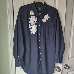 Anthropologie Navy Blue XL Long Sleeve Blouse With White Flowers.  EUC
